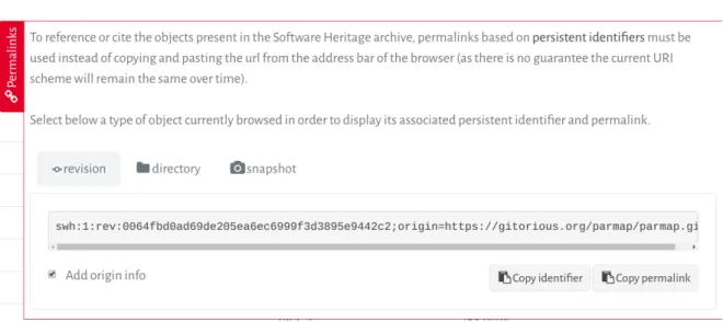 Figure 2: Obtaining a Software Heritage identifier using the permalink box on the archive Web user interface
