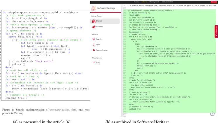 Figure 3: Code fragment from the published article compared to the content in the Software Heritage archive