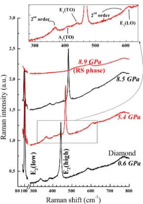 FIG. 1: Raman spectra of single-crystalline ZnO under dif- dif-ferent hydrostatic pressures in the backscattering geometry.