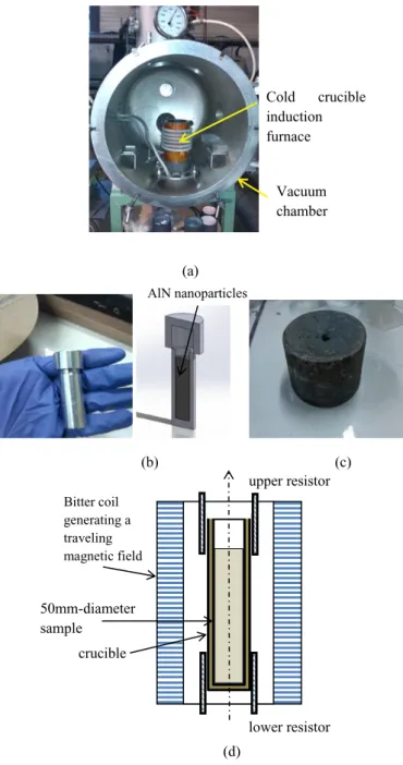 Fig. 1. Apparatus used in the experiments. a: Induction furnace devoted to elaboration of the master alloys