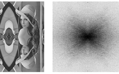 Figure 2: Symmetrization of the Lena image (left) and its corresponding Discrete Fourier Transform (modulus in log scale, right)