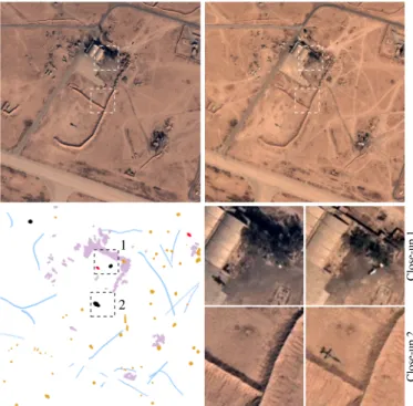 Fig. 1. A diversity of changes. Top: A pair of optical satel- satel-lite images (Pleiades) of the same location, taken at  differ-ent dates