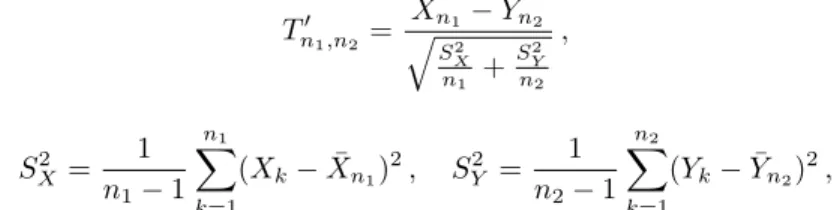 Table 6 – Fréquence de rejet des tests de Welch et Student au niveau 5% pour n 1 couples tirés selon la loi N (0, 1), et n 2 couples selon la loi N (0, (0.04) 2 )