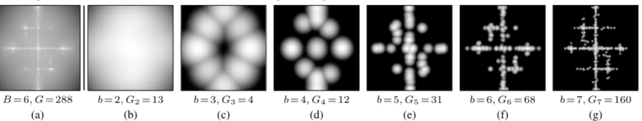 Figure 2: Bandwidth-quantized Gabor noise. (a) A power spectrum composed of Gaussians with discrete bandwidths