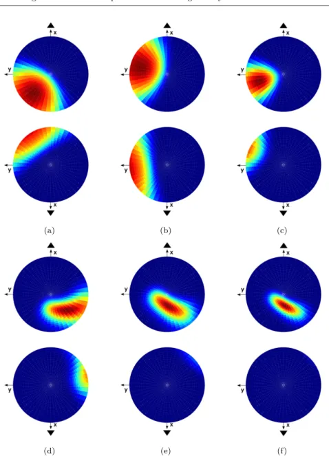 Fig. 9 On the sphere of all acceleration directions, (a) and (d) represent the receptive field of a single hair cell s i for the utricle and the saccule respectively; in the same manner (b) and (e) represent the receptive field of another single hair cell 