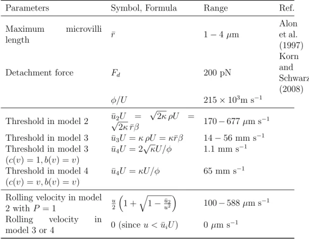 Table 3: Flow parameters for leukocytes in flow chamber experiment and rolling velocities for the different nonlinear models.