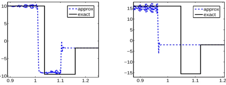 Figure 3.3. Approximation of strong nonclassical shocks for the cubic conservation law (2.5) using LeFloch-Mohamadian’s sixth-order scheme with controlled dissipation (3.4) with c = 5