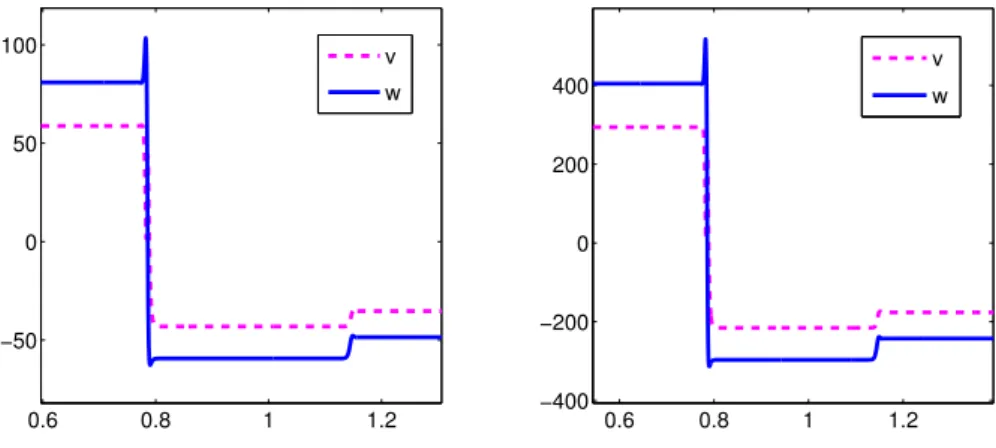Figure 3.12. Large shocks in v and w-variable for the Hall MHD system using a fourth order WCD scheme with 4000 mesh points.