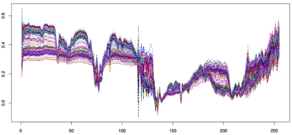 Figure 8: Some of the 38 400 measured spectra described on 256 wavelengths from 0.36 to 5.2 µm (see text for details).