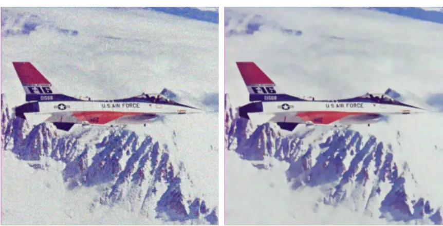 Fig. 5.6. NL-means denoising experiment with a color image. Left: Noisy image with standard deviation 15 in every color component