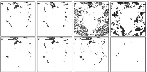 Figure 10: Error maps - From left to right: (top) k-means and HMRF-FCM with highest FM; k-means and HMRF-FCM with highest wFM; (bottom) best results of MS, MS-NC, SLIC-NC (here the best results are achieved on same parameter sets for both indexes) and the 