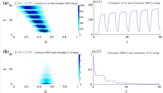 Figure 14: (a) Cytotoxic (constant infusion, C-I) with cytostatic (bang-bang infusion, BB-I) drug infusions