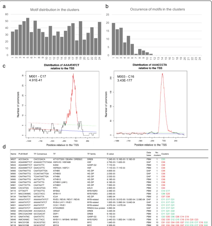 Fig. 5 Identification of preferentially located DNA motifs (PLM). a Distribution in the 24 clusters of the PLM motifs ( ≥ 7 bp)