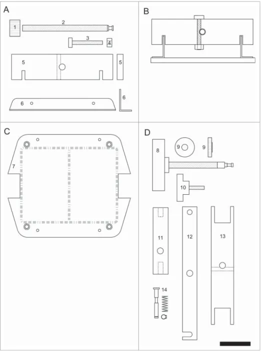 Figure 5. Engineering drawing of the different parts of the plate adapter. (A) Lateral clamp
