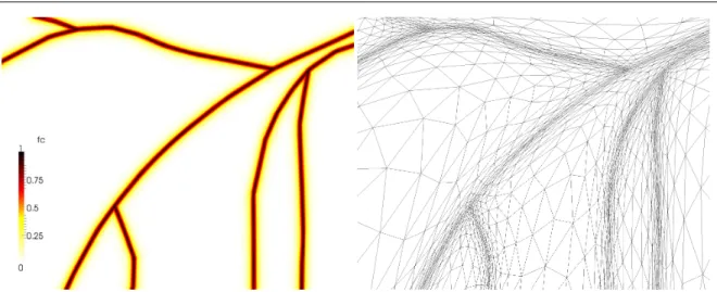 Fig. 4 2D example of the mesh adaptation process: representation of the function f c (left) defined on the adapted mesh (right).