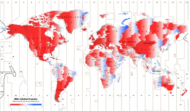 Figure 4: World Map of Solar Time vs. Daylight Savings Time (adapted from [45]). Areas in  strong red are two hours or more behind local solar time and are likely to benefit similarly from a 