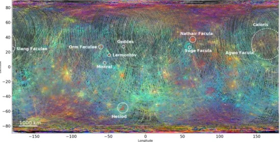 Figure 1. Location of Hermean faculae studied in this analysis. The map is colored as a function of spectral properties of the surface (the red channel is the reflectance at 575 nm, the green channel is the ratio 415 nm/750 nm, and the blue channel is the 