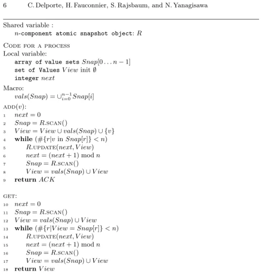 Fig. 1. Non-blocking implementation of atomic weak set for n processes.