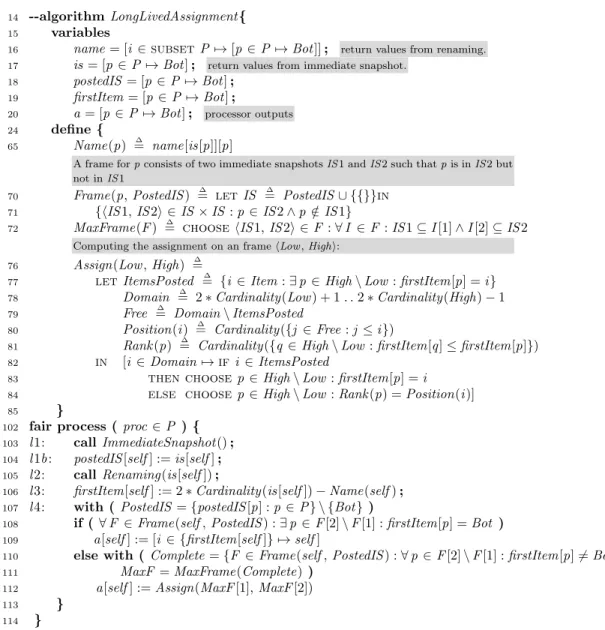 Figure 3: Read-write algorithm solving assignment for infinitely many processors when at most n are concurrent