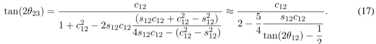 Fig. 1: θ 23 for quarks as a function of θ 12 ; simplified case θ 13 = 0 = ˜ θ 13