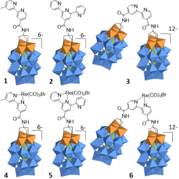 Figure    2.    Structure    of    the    discussed    functionalized    POMs    (1-­‐3)    and    their    Re    complexes    (4-­‐6)    (Orange    octahedron:    {VO 6 },    Blue    octahedron:    {WO 6 },    Green    tetrahedron:   {PO 4 })   