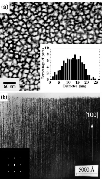 FIG. 1: Bright field TEM images in plane view (a) and cross- cross-section (b) of a porous Si layer with 51% porosity prepared from p + type ( ∼ 3.10 −3 Ω.cm) [100] Si substrate