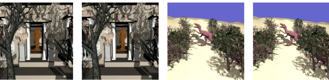 Figure 12: From left to right: House with our approach, followed by distance-based LOD at equivalent frame rate