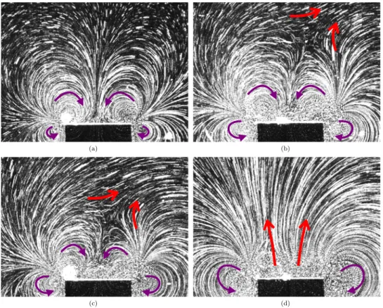 FIG. 6. Evidence of the inner (rotational) streaming flow with a higher-viscosity liquid : superimposition of frames of flows generated by a d = 10.0 mm-width beam in water-glycerin mixture of η = 108.2 cP vibrating at A = 0.4 mm and f = 50 Hz (a), f = 100