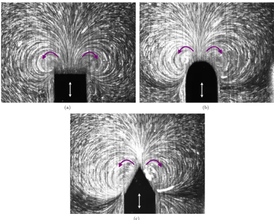 FIG. 2. Superimposition of frames of flow patterns generated by square 10-mm beams (3.7 s exposure time) (a), rounded 10-mm-diameter beams (4.2 s exposure time) (b), and pointed 10-mm-wide beams (6.0 s exposure time) (c), with f = 50 Hz and A = 2.3 mm