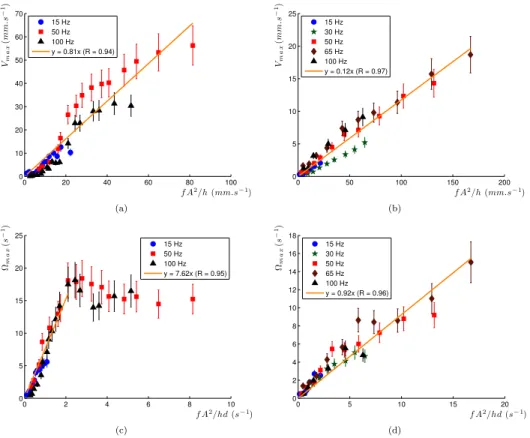 FIG. 5. Maximum velocity as a function of A h 2 f in (a) pure water and (b) water-glycerin mixture (η = 10.5 cP) and maximum vorticity as a function of A h d2 f in pure water (c) and in a water-glycerine mixture of η = 10.5 cP (d).