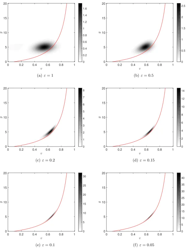 Figure 1. Numerical results for (1.6) at t = 0.05 with various values of ε illustrating the convergence to a Dirac distribution.