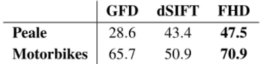Table 3: Recognition rates R for dSIFT, GFD and FHD.
