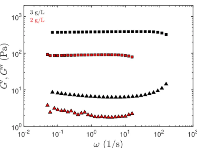 FIG. 5. Storage (G 0 , squares) and loss (G 00 , triangles) moduli of agar hydrogels with concentration of 2 and 3 g/L plotted as a function of the pulsation ω.