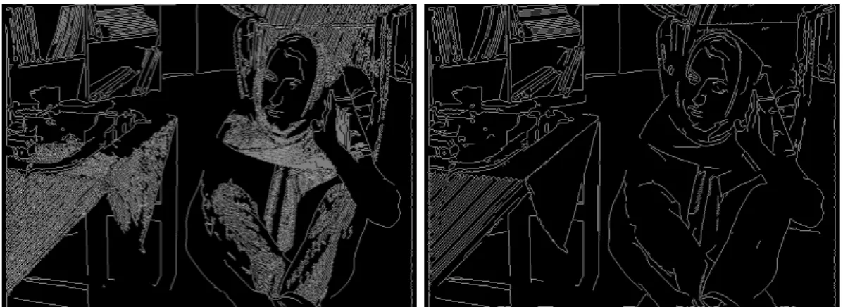 Figure 5: Canny’s edge detector applied on the original Barbara image, and Canny’s edge detector applied on the cartoon image obtained by the proposed algorithm in Figure 3