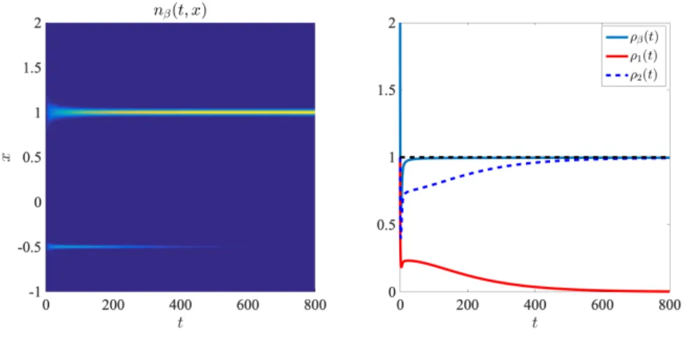 Figure 6: Dynamics of n β (t, x) (left panel) and ρ β (t) (right panel) obtained by solving numerically the initial-boundary value problem (2.6) with β = 10 −6 and with n 0 (x) and r(x) defined according to (3.37) and (3.38)