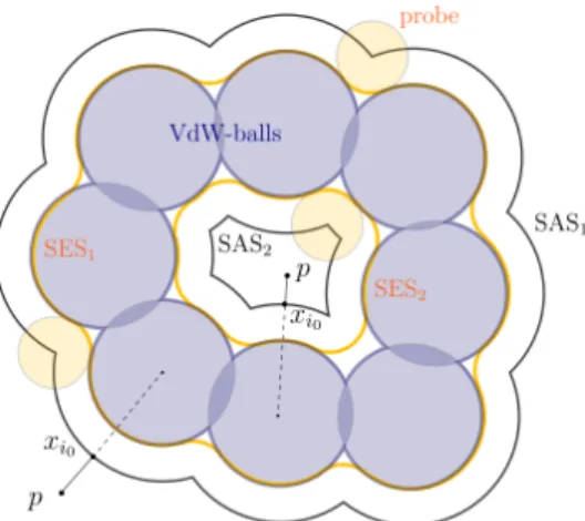Figure 4: This is a 2D schematic of different molecular surfaces, including the VdW surface, the cSAS, the eSAS, the cSES and the eSES