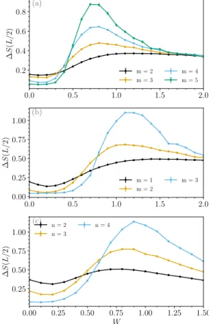 FIG. 4. Standard deviation of the mid-chain entanglement en- en-tropy for | m 1  (a), | m2  (b) and | n 1  for different m and n as a function of the disorder strength W 