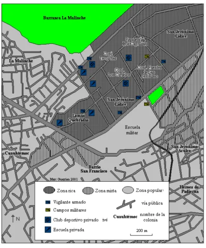 Fig 3 :  Privatización et militarización del espacio en la zona de San Jerónimo Lidíce.