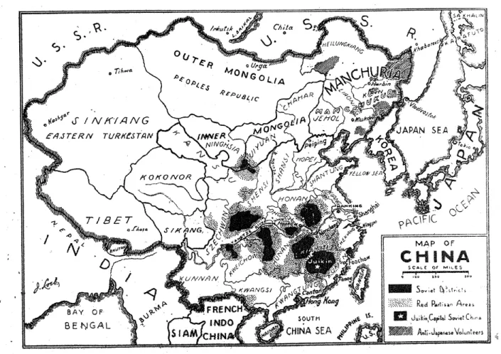 Fig. 5.2a Communist areas in the summer of 1934. This map shows Communist areas (called “Soviet dis- dis-tricts” in the caption of the map) and Red partisan areas in Manchuria
