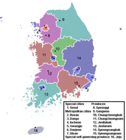 Fig. 1.2c Map of South Korea: provinces. It is the transcription currently in use which is given on the map.