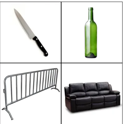 Fig 1. Examples of the kind of pictures used in Experiment 1. knife, bottle, fence and couch.