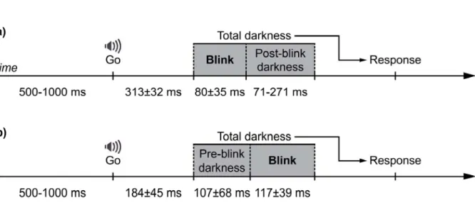Figure 1. (a) The timeline of a trial in the BLINK condition in Experiment 1a. Here, darkness is  maintained for a variable duration following a blink