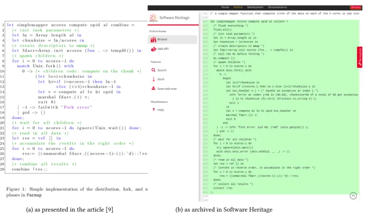 Fig. 4: Code fragment from the published article compared to the content in the Software Heritage archive