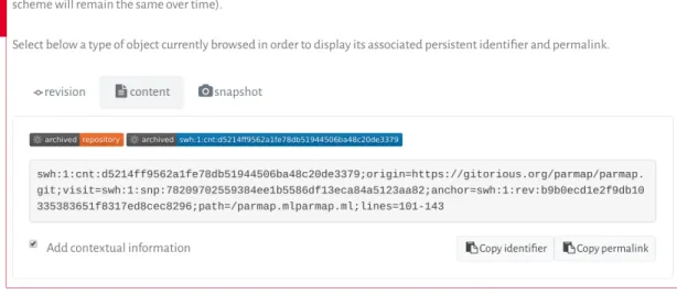 Fig. 6: Obtaining a Software Heritage identifier using the permalink box on the archive Web user interface