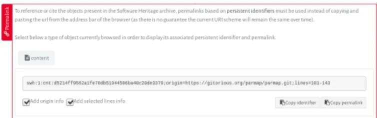 Fig. 5: Obtaining a Software Heritage identifier using the permalink box on the archive Web user interface