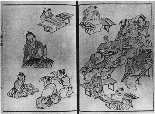 Illustration n o  1 – Scène de classe dans une terakoya par Watanabe Kazan (début  XIX e  siècle).