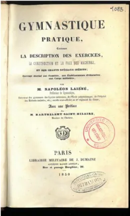 Figure 12. Page de titre de l’ouvrage de Napoléon Laisné (1810-1896), Gymnastique pratique (1850) 