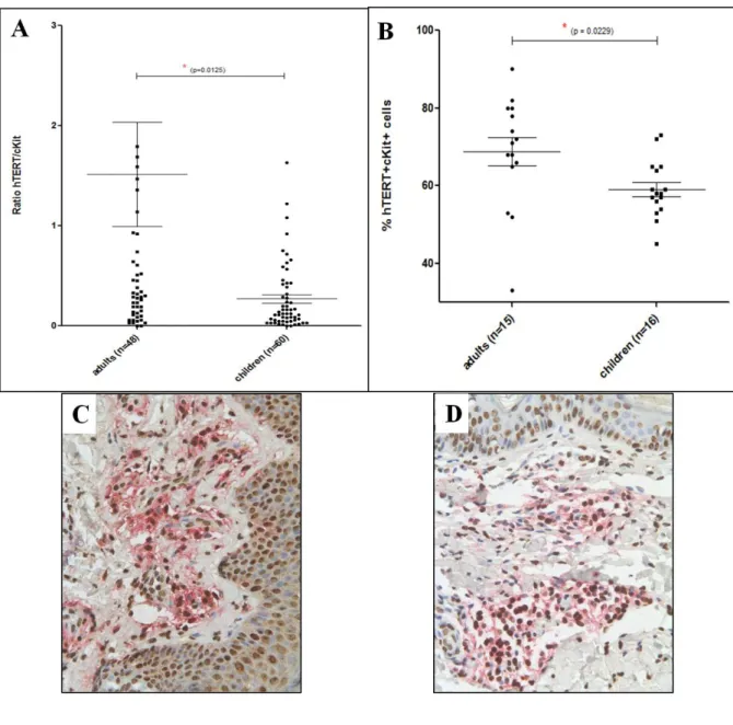 Figure 1. Differential hTERT expression among adults and children with mastocytosis. 