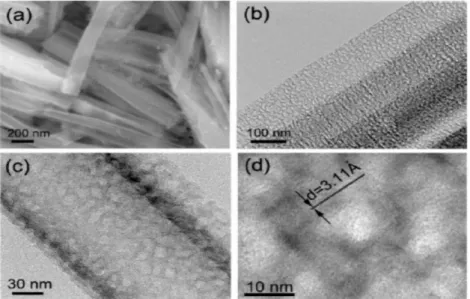 Figure 5.  (a) SEM and (b) TEM images of porous Si nanowires; (c,d) High-resolution  transmission electron microscopy (HRTEM) image of a nanowire in (b), leading to the  results in Figure 4