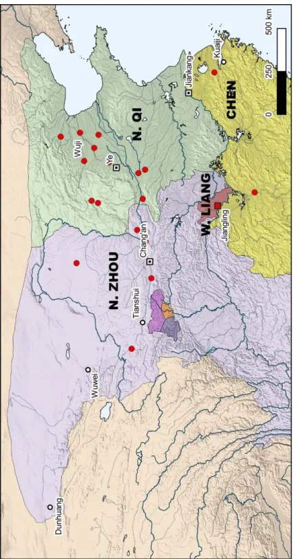 Fig. 6 Hometowns of mathematicians and mathematical astronomers active in Chang’an, 535–581CE (largest dot = 2 people)